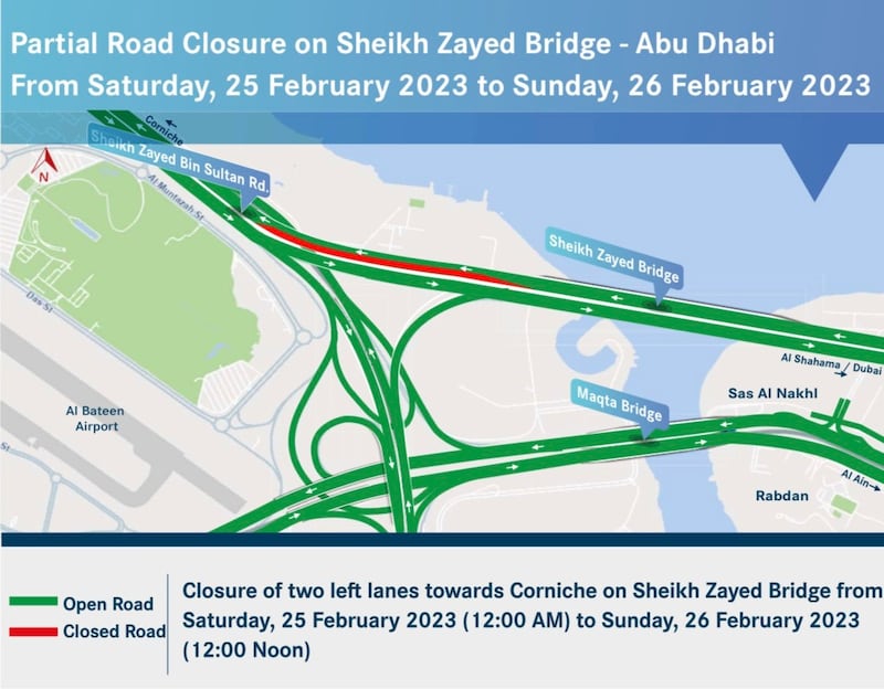 Two lanes on Sheikh Zayed Bridge will be partly closed this weekend.