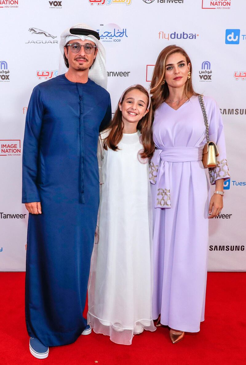 Dubai, United Arab Emirates, May 21, 2019.    Premiere of Image Nation’s latest, Rashid and Rajab.  Red carpet,  “celebs” and bigwigs. -- (L-R)  Ali Mostafa and daughter, Ayah with Maha Gorton.
Victor Besa/The National
Section:  A&L
Reporter:  Chris Newbould