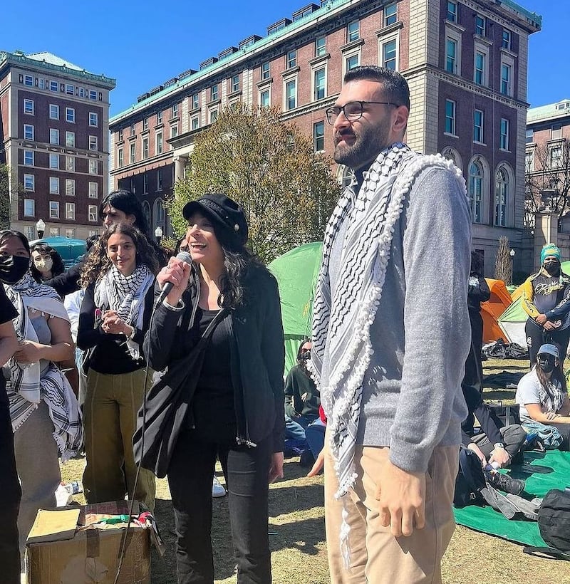 Najla Said, daughter of Palestinian-American academic and literary critic Edward Said, and Motaz Azaiza,  a Palestinian photojournalist from Gaza, join the Gaza solidarity encampment at Columbia University. Photo: Columbia Students for Justice in Palestine