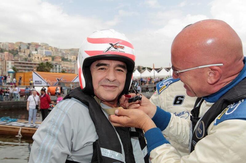 Argentinean football legend Diego Maradona got his first taste of driving an XCAT powerboat at the third round of the UIM Skydive Dubai XCAT World Series in Naples, Italy. Photo Courtesy / XCAT World Series