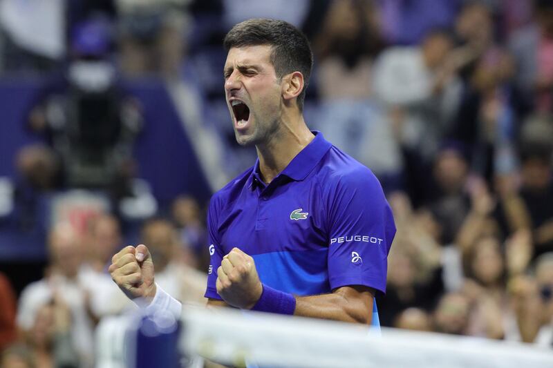 Novak Djokovic celebrates after beating Alexander Zverev in the US Open semi-finals on Friday night. AFP