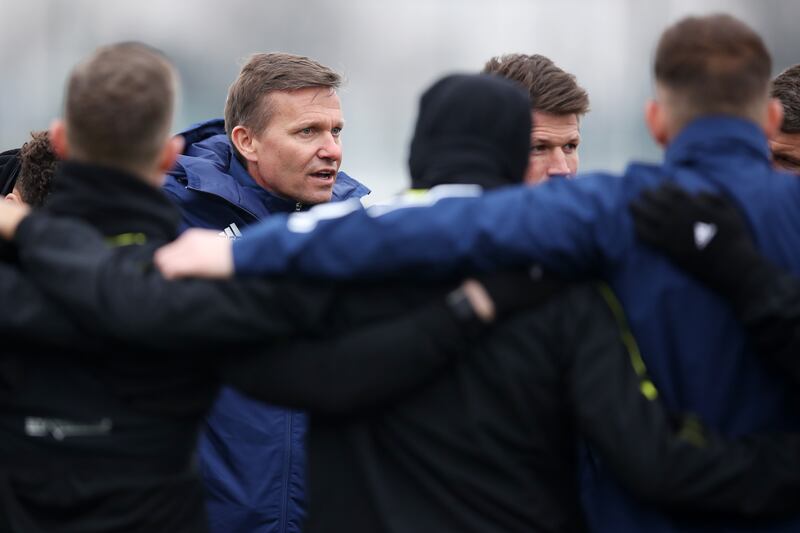 Jesse Marsch, who has replaced the sacked Marcelo Bielsa as manager of Leeds United, speaks to the players as he leads a training session at Thorp Arch Training Ground on March 3, 2022. Getty 