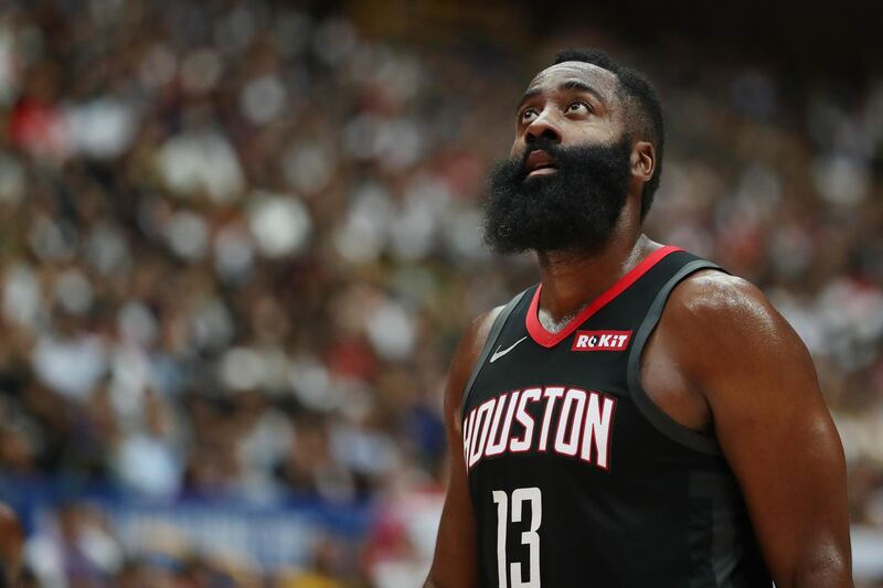 SAITAMA, JAPAN - OCTOBER 10: James Harden #13 of Houston Rockets looks on during the preseason match between Toronto Raptors and Houston Rockets at Saitama Super Arena on October 10, 2019 in Saitama, Japan. NOTE TO USER: User expressly acknowledges and agrees that, by downloading and/or using this photograph, user is consenting to the terms and conditions of the Getty Images License Agreement. (Photo by Takashi Aoyama/Getty Images)