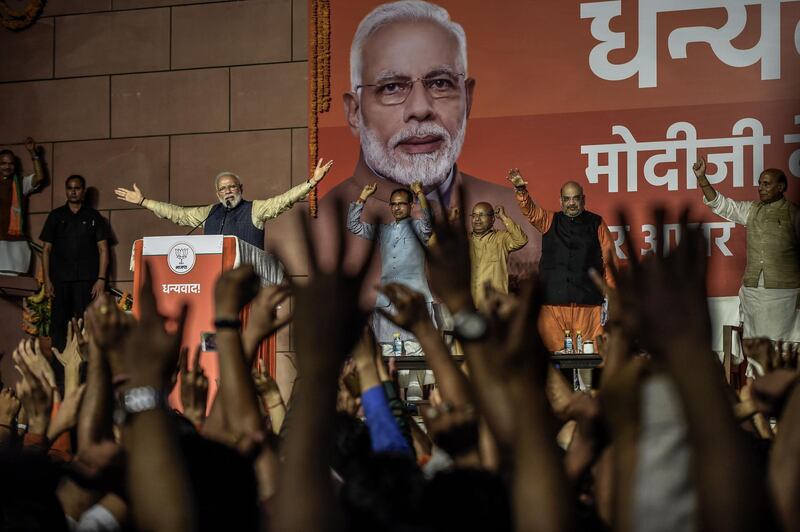 NEW DELHI, INDIA - MAY 23: Narendra Modi speakes to the victorious party workers at the BJP party head quarters in New Delhi, India. Indian Prime Minister Narendra Modis Bharatiya Janata Party (BJP) is set for another five-year term on Thursday after a landslide victory as over 600 million people voted in a marathon seven-phase general elections which lasted over six-weeks. Supporters of the Hindu nationalist party celebrated in the capital New Delhi as Modi is scheduled to appear at the BJP headquarters and leaders across the world congratulated the Indian Prime Minister for his historic return to power for a second straight term. (Photo by Atul Loke/Getty Images) *** BESTPIX ***