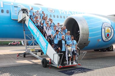 The squad disembarks the Boeing 787-9 Dreamliner at Manchester Airport. Photo: Manchester City FC