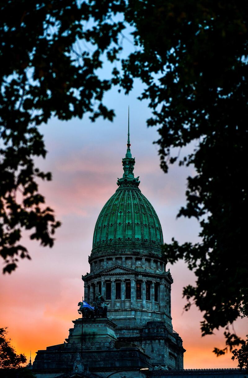 Partial view of the Argentine Congress in Buenos Aires taken during sunset on January 10, 2019. (Photo by Ronaldo SCHEMIDT / AFP)