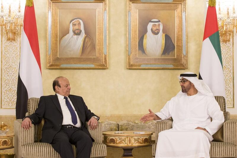 Sheikh Mohammed bin Zayed Al Nahyan, Crown Prince of Abu Dhabi and Deputy Supreme Commander of the UAE Armed Forces, meets with Abdrahbu Mansour Hadi, President of Yemen, at the Presidential Airport. Ryan Carter / Crown Prince Court - Abu Dhabi