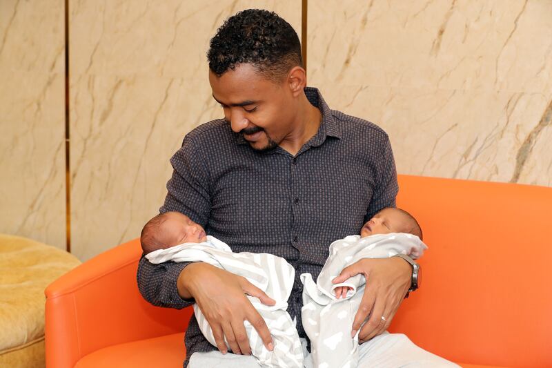 The family welcome twins in Dubai when the war began in Sudan. Photo: Chris Whiteoak/The National