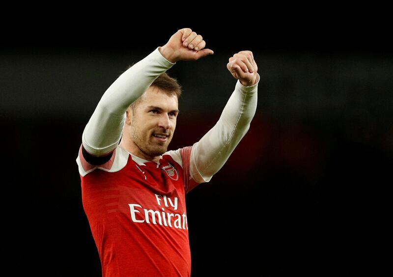 FILE PHOTO: Soccer Football - Premier League - Arsenal v Fulham - Emirates Stadium, London, Britain - January 1, 2019  Arsenal's Aaron Ramsey celebrates after the match               Action Images via Reuters/John Sibley  EDITORIAL USE ONLY. No use with unauthorized audio, video, data, fixture lists, club/league logos or "live" services. Online in-match use limited to 75 images, no video emulation. No use in betting, games or single club/league/player publications.  Please contact your account representative for further details./File Photo