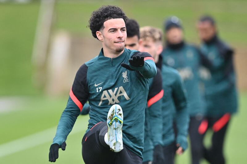 Liverpool's English midfielder Curtis Jones at training. AFP