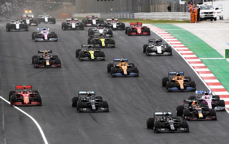 Lewis Hamilton leads the pack at the start of Sunday's race. EPA