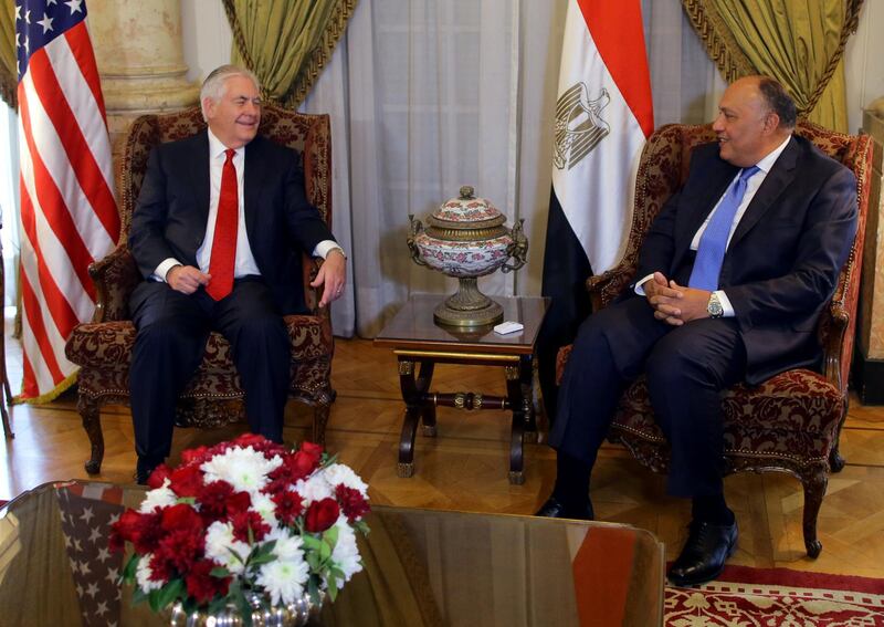 U.S. Secretary of State Rex Tillerson meets with Egyptian Foreign Minister Sameh Shoukry in Cairo, Egypt February 12, 2018. REUTERS/Khaled Elfiqi/Pool
