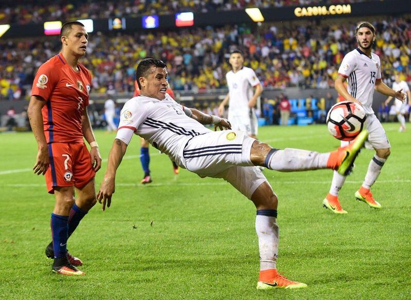 Colombia's Marlos Moreno kicks the ball during a Copa America Centenario semifinal football match against Chile in Chicago, Illinois, United States, on June 22, 2016. / AFP / ALFREDO ESTRELLA