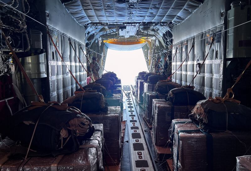 A US military aircraft full of relief parcels to be dropped by parachute into Gaza. Reuters