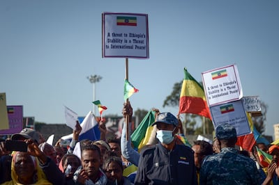 Ethiopians protest against the Tigray People's Liberation Front at a rally in Addis Ababa. AP