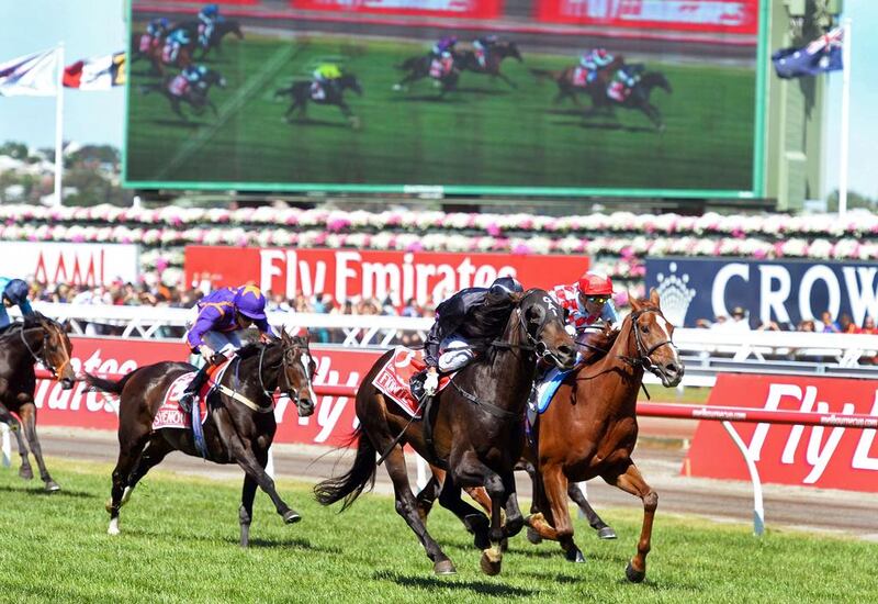 Red Cadeaux, right, with jockey Gerald Mosse aboard, had a good run to finish second to jockey Damien Oliver on Fiorente, second from right, in the Melbourne Cup on Tuesday. William West / AFP 