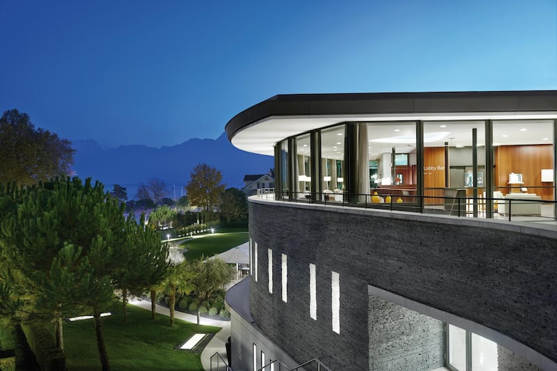 The spa building at Clinique La Prairie on Lake Geneva in Switzerland. Clinique La Prairie