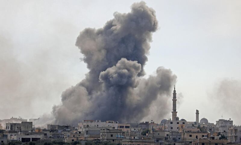 Smoke plumes billowing in the Syrian village of al-Nayrab, about 14 kilometres southeast of the city of Idlib in the northwestern Idlib province, during bombardment by Syrian government forces and its allies.   AFP