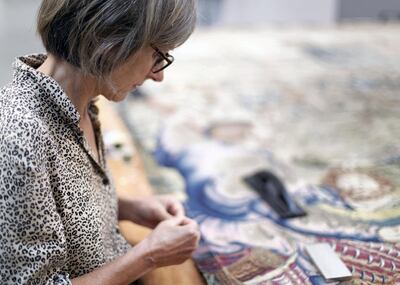 ABU DHABI, UNITED ARAB EMIRATES. 2 AUGUST 2019. 
Montaine Bongrand, Restorer, working on one of the “The Hunts of Maximillian” tapestries.

Louvre Abu Dhabi is conducting it’s first artwork restoration. The restoration work is on a French 17th century tapestry titled: “The Hunts of Maximillian”.

(Photo: Reem Mohammed/The National)

Reporter: Alexandra
Section: AC