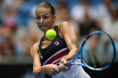 epa06455713 Karolina Pliskova of the Czech Republic in action against Lucie Safarova of the Czech Republic during round three on day six of the Australian Open tennis tournament, in Melbourne, Victoria, Australia, 20 January 2018.  EPA/LUKAS COCH  AUSTRALIA AND NEW ZEALAND OUT