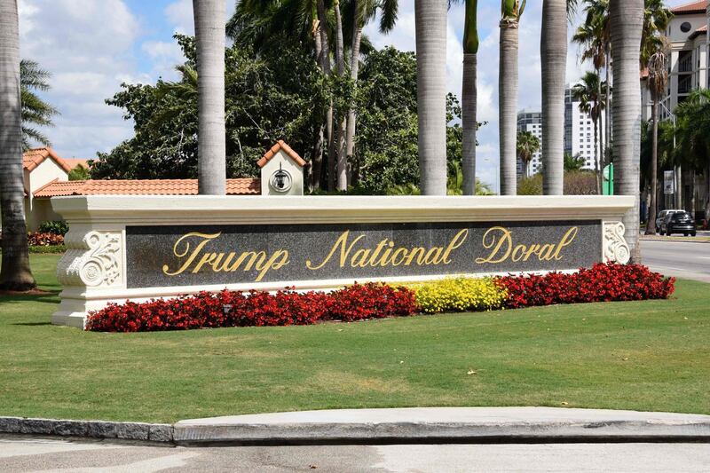 (FILES) This file photo taken on April 03, 2018 shows Trump National Doral sign of the golf resort owned by U.S. President Donald Trump's company in Miami, Florida on April 3, 2018. US President Donald Trump said on Saturday the next G7 summit will not be at one of his own Florida golf clubs, reversing a decision that had sparked corruption accusations. / AFP / Michele Eve Sandberg
