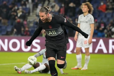PSG's Sergio Ramos celebrates after scoring his side's second goal during the French League One soccer match between Paris Saint Germain and Reims at the Parc des Princes in Paris, Sunday, Jan.  23, 2022.  (AP Photo / Francois Mori)