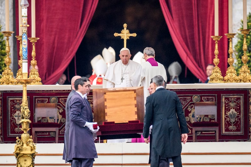 Pope Francis attends the funeral mass for Pope Emeritus Benedict XVI in January 2023 at St Peter's square in Vatican City. Getty Images