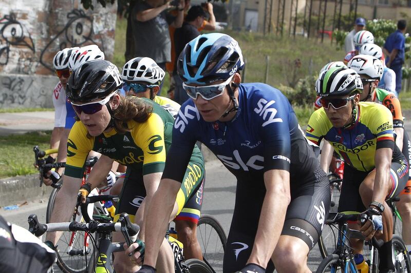 epa07367747 British cyclist Chris Froome (C), of Sky, competes in the second stage of the Tour Colombia 2.1, in La Ceja, Antioquia, Colombia, 13 February 2019.  EPA/Luis Eduardo Noriega A.