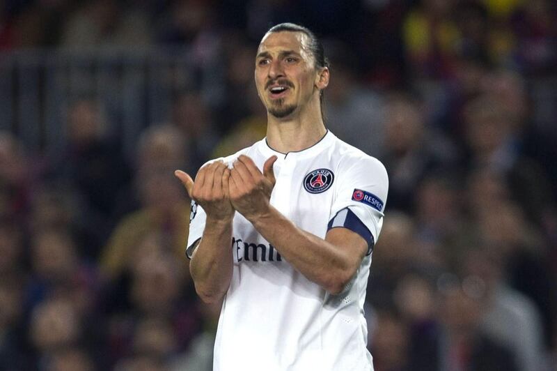 Paris Saint-Germain's Zlatan Ibrahimovic gestures during his side's loss to Barcelona in the Champions League on Tuesday. Alejandro Garcia / EPA