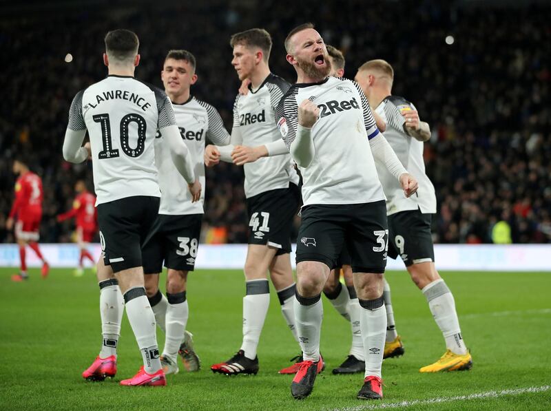 Derby County's Wayne Rooney celebrates after scoring against Fulham during a Championship match at Pride Park in Derby on February 21, 2020. Action Images