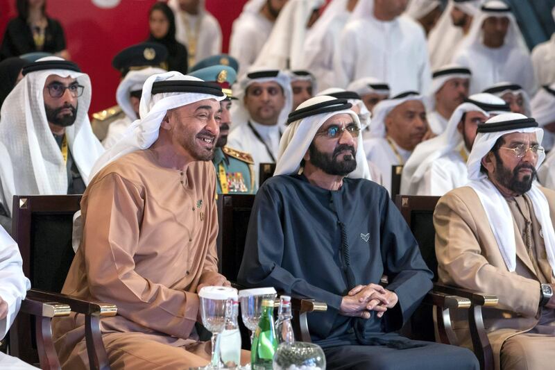 DUBAI, UNITED ARAB EMIRATES - January 29, 2020: HH Sheikh Mohamed bin Zayed Al Nahyan, Crown Prince of Abu Dhabi and Deputy Supreme Commander of the UAE Armed Forces (L) and HH Sheikh Mohamed bin Rashid Al Maktoum, Vice-President, Prime Minister of the UAE, Ruler of Dubai and Minister of Defence (R), witness the announcement of the fifth edition of Aqdar World Summit hosted by EXPO 2020 Dubai. Seen with HH Sheikh Tahnoon bin Mohamed Al Nahyan, Ruler's Representative in Al Ain Region (R) and HE Mohamed Ahmad Al Bowardi, UAE Minister of State for Defence Affairs (back L).

( Mohamed Al Hammadi / Ministry of Presidential Affairs )
---