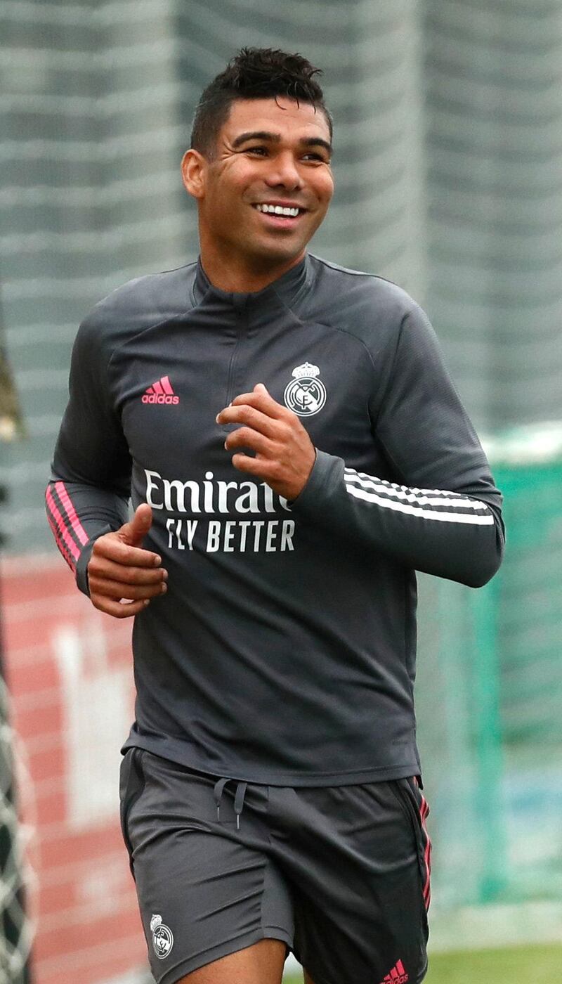 MADRID, SPAIN - NOVEMBER 18: Casemiro in action at Valdebebas training ground on November 18, 2020 in Madrid, Spain. (Photo by Helios de la Rubia/Real Madrid via Getty Images)