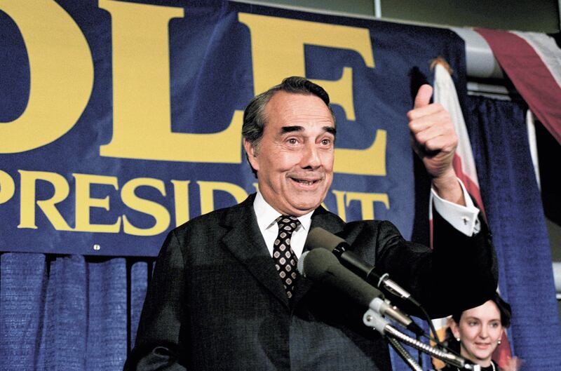 Dole, in his failed race for the Republican presidential candidacy, makes a speech in Washington in March 1988. AP