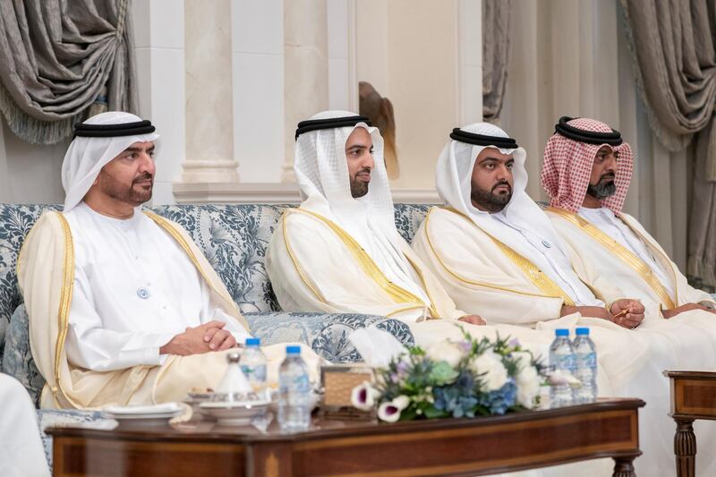 ABU DHABI, UNITED ARAB EMIRATES - August 21, 2018: (L-R) HH Sheikh Abdullah bin Salem Al Qasimi, Deputy Ruler of Sharjah, HH Sheikh Mohamed bin Saud bin Saqr Al Qasimi, Crown Prince and Deputy Ruler of Ras Al Khaimah, HH Sheikh Mohamed bin Hamad Al Sharqi, Crown Prince of Fujairah and HH Sheikh Ammar bin Humaid Al Nuaimi, Crown Prince of Ajman, attend an Eid Al Adha reception at Mushrif Palace. 

(Rashed Al Mansoori / Crown Prince Court - Abu Dhabi )
---