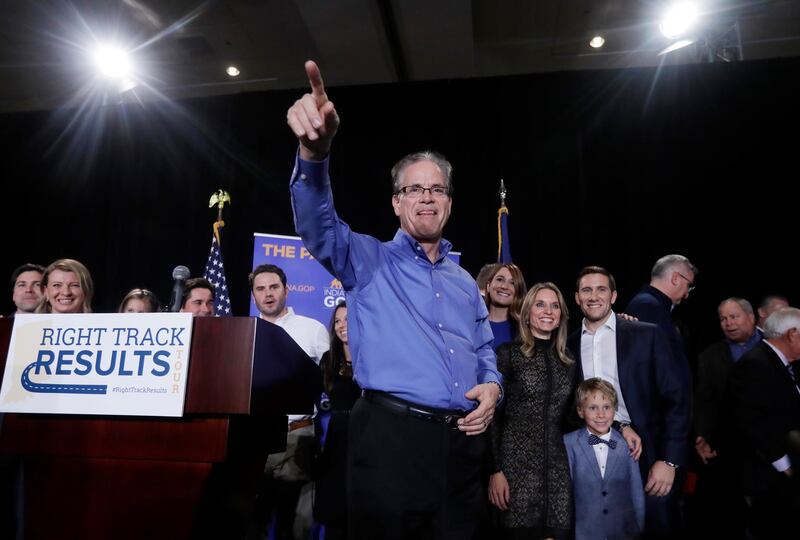 Republican Mike Braun reacts during an election night party in Indianapolis  after defeating Sen. Joe Donnelly. AP Photo