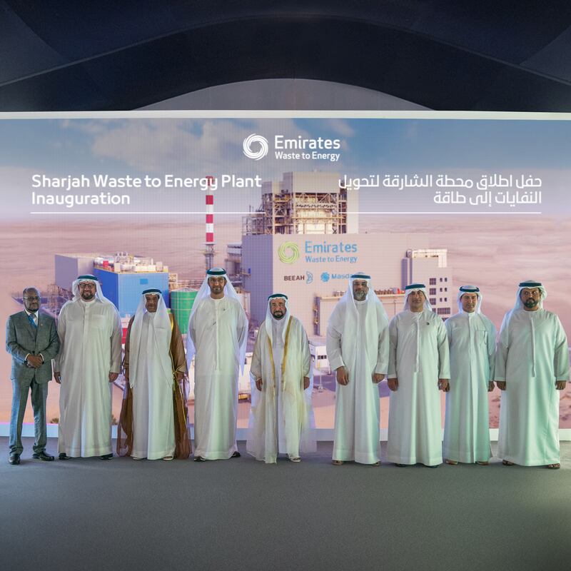 Dr Sultan Ahmed Al Jaber, the UAE’s Minister of Industry and Advanced Technology and chairman of Masdar (fourth from left), and Sheikh Dr Sultan bin Muhammad Al Qasimi, Ruler of Sharjah, during the inauguration of the Sharjah plant. Photo: Emirates Waste to Energy company