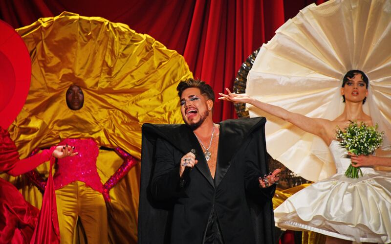 Adam Lambert, singer for the band Queen, at the Harris Reed show. He sang 'Who Wants to Live Forever'. Getty Images