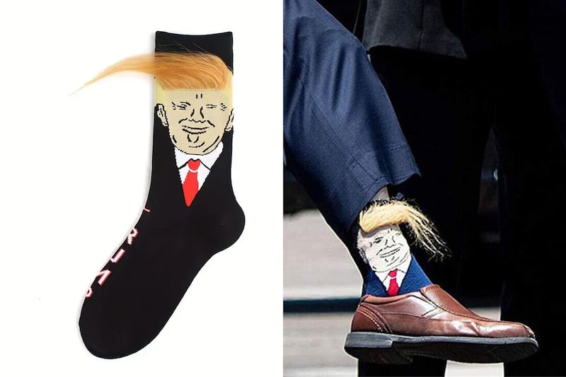 Add some presidential pizzazz with a pair of Donald Trump socks. Photos: Temu