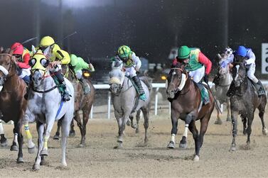 Bernardo Pinheiro (in yellow) guides Jayide Al Boraq to victory at Al Ain racecourse for his sixth win in eight starts at the track. Courtesy Al Ain Equestrian Club