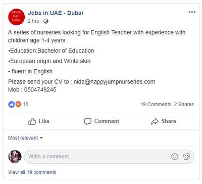 A job advert posted on a Facebook group looking for an English teacher with 'white skin'. 