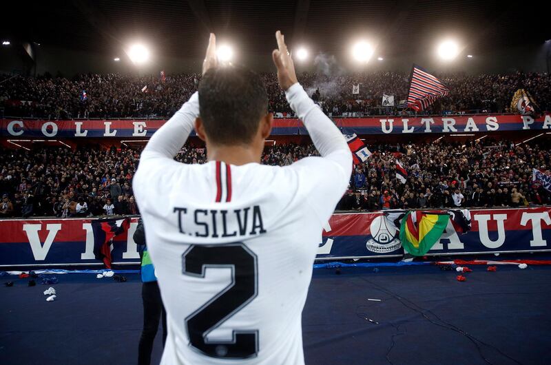 Thiago Silva celebrates after PSG's Champions League Group C victory against Liverpool at the Parc des Princes in November 2018. EPA