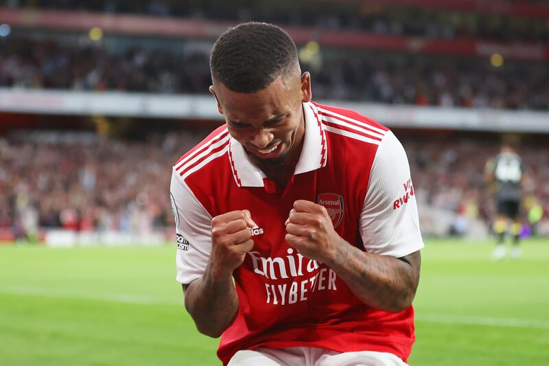 Arsenal's Gabriel Jesus celebrates scoring the first goal in the 2-1 Premier League win against Aston Villa at Emirates Stadium on August 31, 2022. Getty