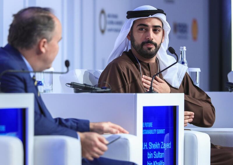 Abu Dhabi, U.A.E., Janualry 16, 2019.  
Day 3 Abu Dhabi Sustainability Week.  Closing Keynote Interview.  (R-L)  H.H. Sheikh Zayed bin Sultan bin Khalifa bin Zayed Al Nahyan, Chairman of the Board, Alliance for Global Sustainability gets interviewed by Timothy Nixon, Managing Editor, Sustainability-Thomson Reuters.
Victor Besa / The National
Section:  NA
Reporter:Naser Al Wasmi