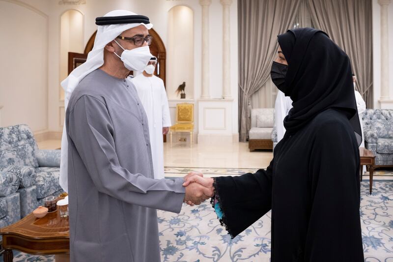 President Sheikh Mohamed receives condolences from Reem Al Hashimy, UAE Minister of State for International Co-operation, at Mushrif Palace in Abu Dhabi after the death of Sheikh Khalifa on Friday.