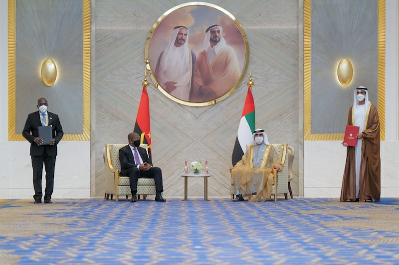 Sheikh Mohammed bin Rashid, Vice President and Ruler of Dubai, with Angola's President Joao Lourenco at Expo 2020 Dubai. Photo: Twitter