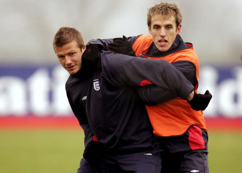 David Beckham and Phil Neville during training with England in 2005. Reuters