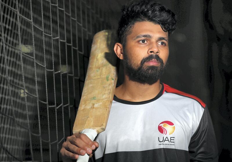 Dubai, United Arab Emirates - Reporter: Paul Radley. Sport. UAE batsman Basil Hameed (UAE kit) training with freelance coach Mohsin Arif. Tuesday, June 30th, 2020. Dubai. Chris Whiteoak / The National