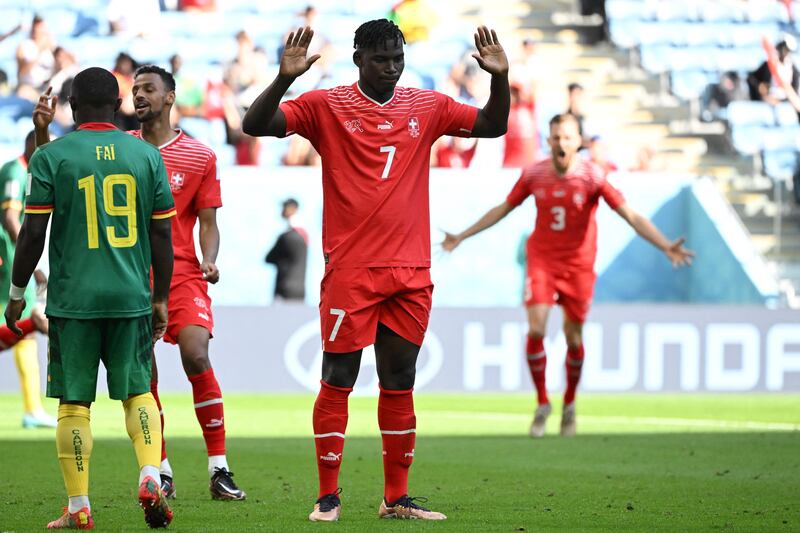 Switzerland's Breel Embolo after scoring the only goal of the game in their World Cup Group G win over Cameroon at the Al Janoub Stadium on November 24, 2022. AFP
