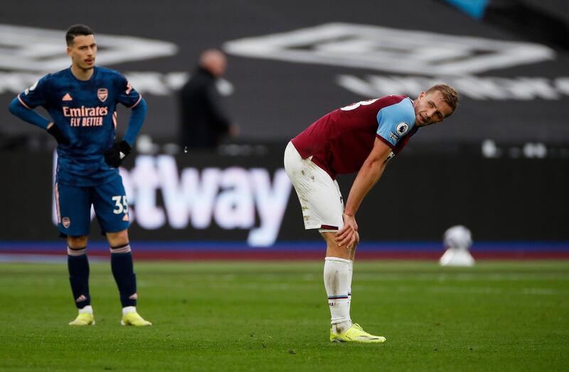 Tomas Soucek of West Ham United looks dejected after the Premier League match against Arsenal at the London Stadium. Getty