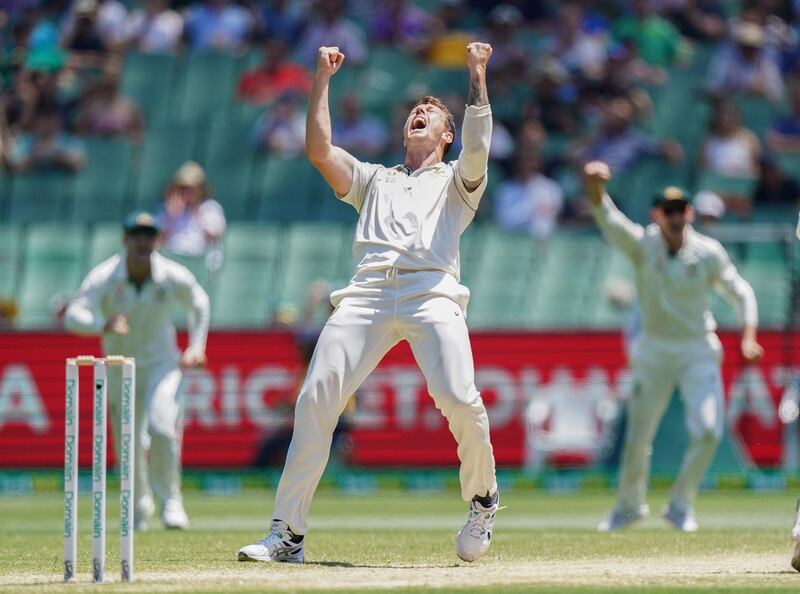 epa08093436 James Pattinson of Australia celebrates after dismissing Kane Williamson of New Zealand day 4 of the Boxing Day Test match between Australia and New Zealand at the Melbourne Cricket Ground (MCG) in Melbourne, Victoria, Australia, 29 December 2019.  EPA/SCOTT BARBOUR -- EDITORIAL USE ONLY, IMAGES TO BE USED FOR NEWS REPORTING PURPOSES ONLY, NO COMMERCIAL USE WHATSOEVER, NO USE IN BOOKS WITHOUT PRIOR WRITTEN CONSENT FROM AAP -- AUSTRALIA AND NEW ZEALAND OUT